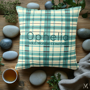 Coussin Vert cyan et crème à carreaux   Accent tartan sur 
