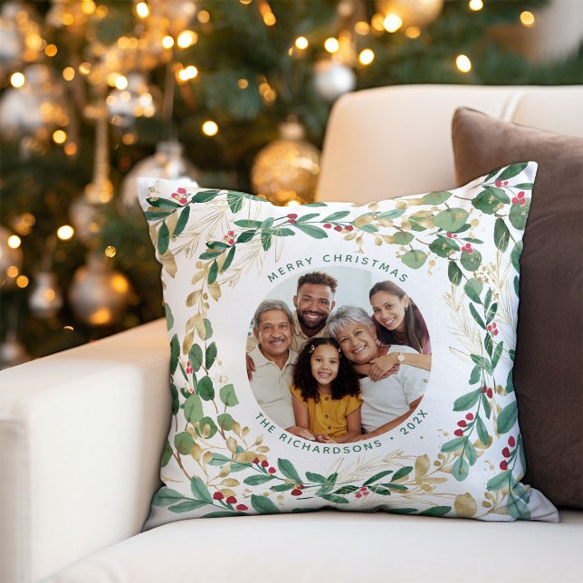 Coussin Vert doré blanc | Joyeux Noël avec photo (An elegant, modern pillow for the holidays with faux gold accents and your family photo)