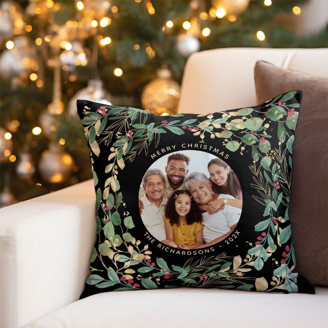 Coussin Vert doré Noir | Joyeux Noël avec photo (An elegant, modern pillow for the holidays with faux gold accents and your family photo)
