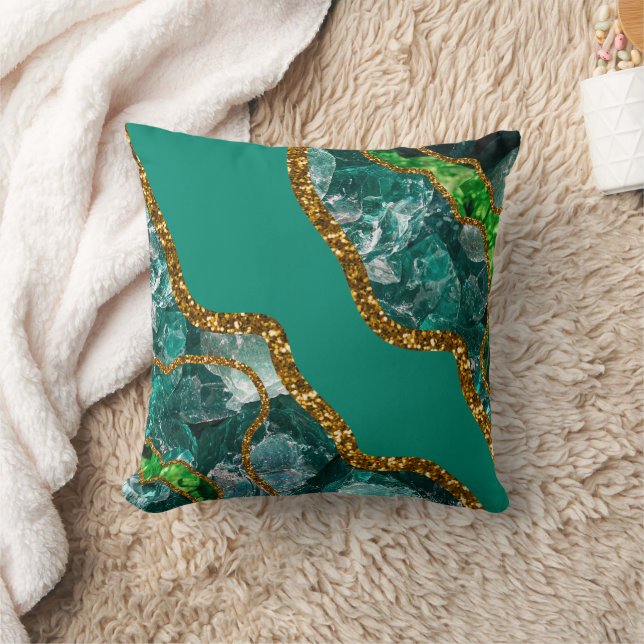 Coussin Vert émeraude et agate géode paillettes dorées (Couverture)