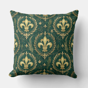 Coussin Vert émeraude et or Crête Royale Motif Damassé