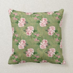 Coussin Vert et or aux roses roses roses