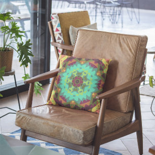 Coussin Vert fleur Mandala rétro violet et orange