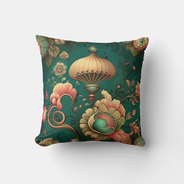 Coussin Vert floral design rétro vintage (Recto)