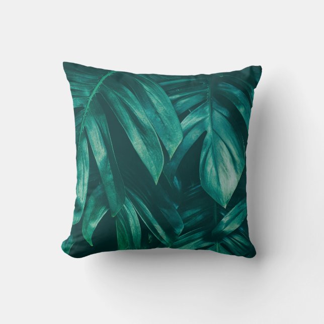 Coussin Vert foncé, feuillage de jungle tropicale. (Recto)