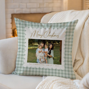 Coussin Vert Gingham Rétro Noël Photo Personnalisée