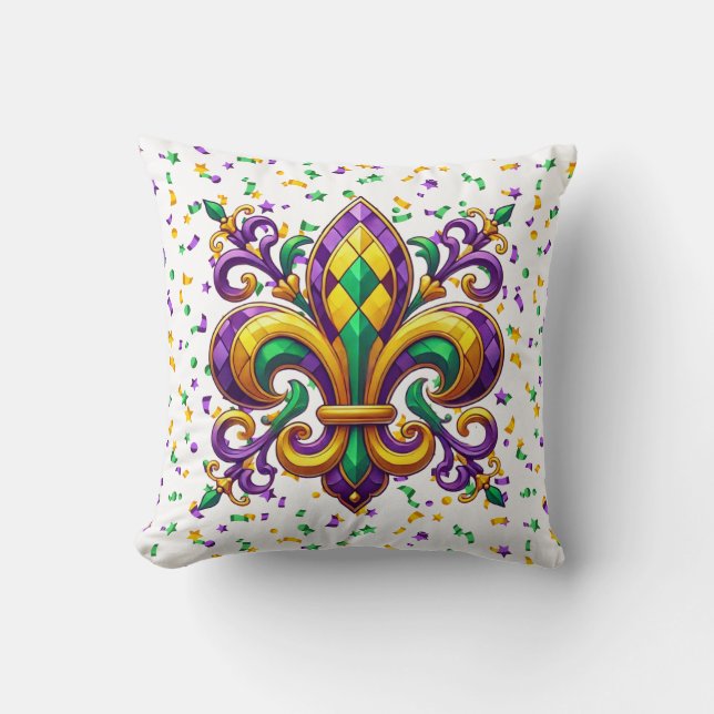 Coussin Vert jaune pourpre Mardi Gras fleur de lis (Recto)