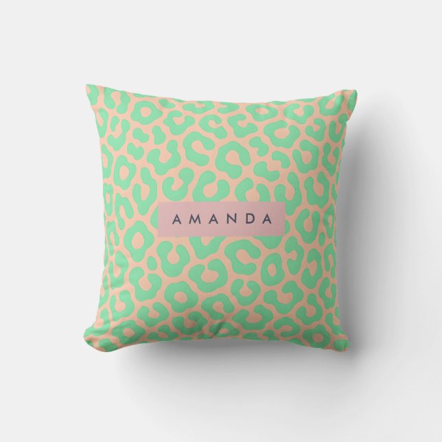 Coussin Vert menthe et imprimé léopard pêche personnalisés (Recto)