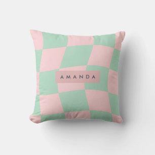 Coussin Vert menthe et rose poudré à carreaux personnalisé