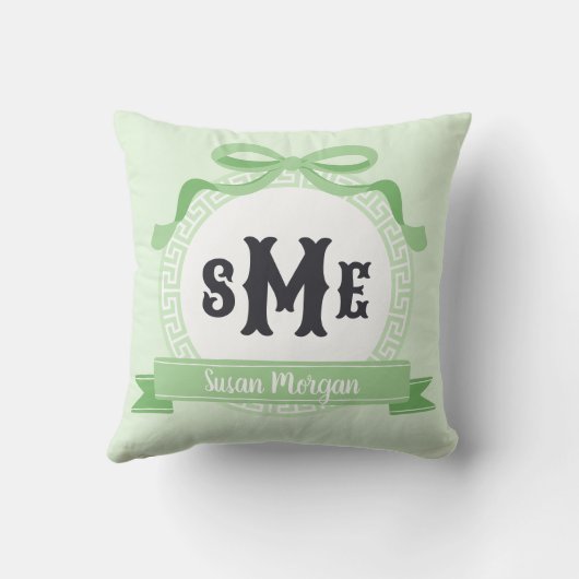 Coussin Vert menthe monogramme à ruban à clé grecque inver (Verso)