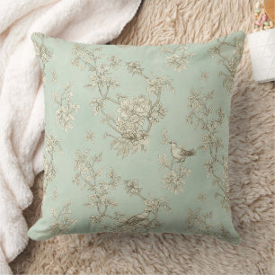 Coussin Vert menthe toile de Jouy française oiseaux et fle