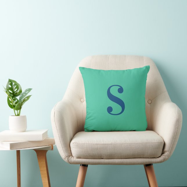 Coussin Vert minimal avec grand monogramme bleu (Chaise)