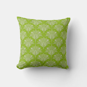 Coussin Vert olive et damas floral blanc