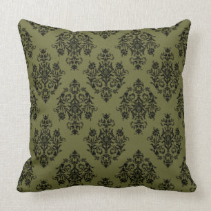 Coussin Vert olive et damas noir
