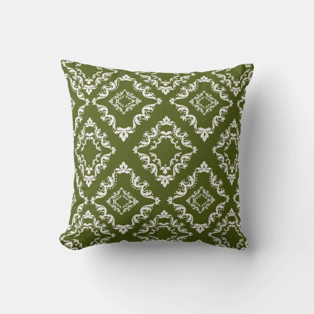 Coussin vert olive foncé et damassé diamanté blanc (Recto)