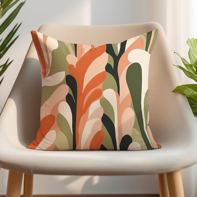 Coussin Vert olive Tons Terreux Rose Sable Orange Abstrait (Green, orange, and sand abstract decorator pillow)
