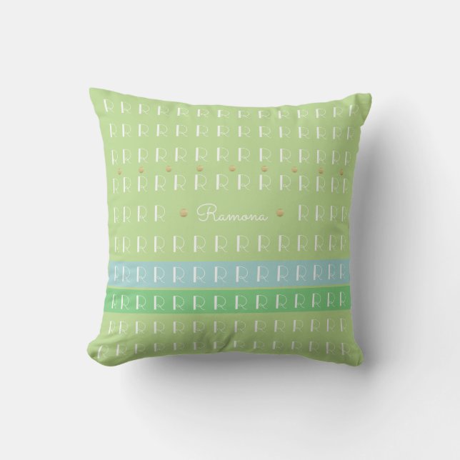 Coussin vert pastel avec nom personnalisé et initial agréa (Recto)