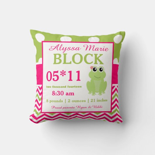 Coussin vert rose de faire-part de bébé de (Recto)