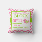 Coussin vert rose de faire-part de bébé d'oiseau (Recto)
