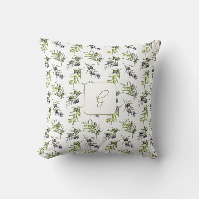 Coussin Vert sauge aquarelle olives monogramme nom (Recto)