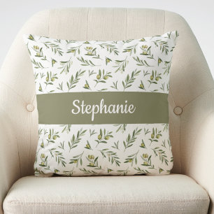 Coussin Vert sauge aquarelle olives monogramme nom