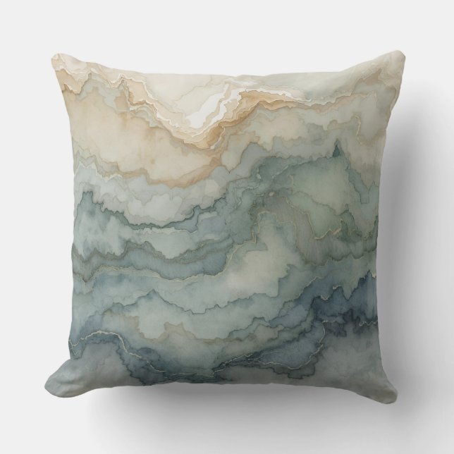 Coussin Vert Sauge Bleu Poussiéreux Beige Vagues Abstraite (Recto)