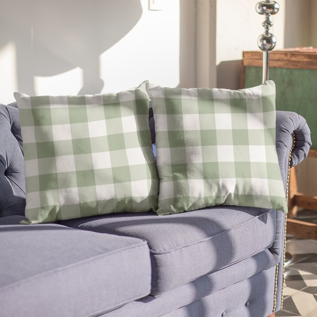 Coussin Vert sauge et carreaux vichy blanc (Sage Green and White Gingham Plaid Throw Pillow)