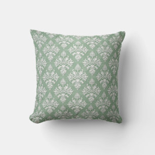 Coussin Vert sauge et damas floral blanc