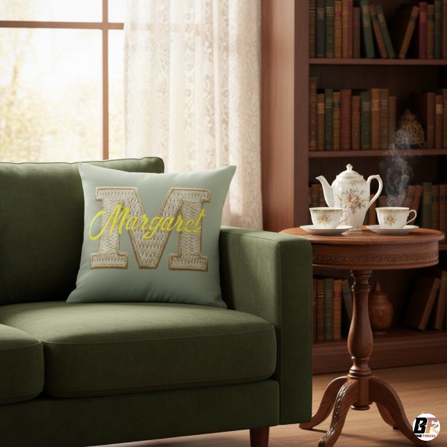 Coussin Vert Sauge Lettre Universitaire M Monogramme Nom (Créateur téléchargé)
