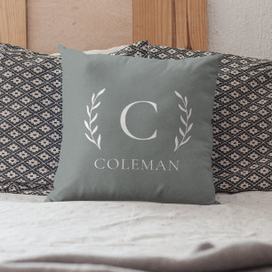 Coussin Vert Sauge Rustique Monogramme Initial Intérieur E