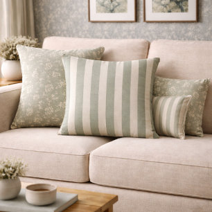 Coussin Vert Sauge Rustique Neutre Rayure Maison de Campag