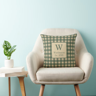 Coussin Vert Tanné Beige Monogramme Plaid Country