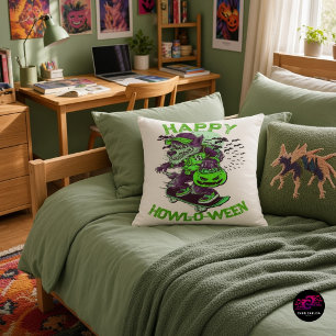 Coussin Vert Violet Joyeux Howl-o-ween Loup Skateboard