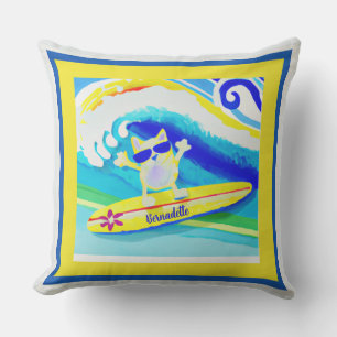 Coussin Vibes de plage côtière cool Surfer Nom du chat