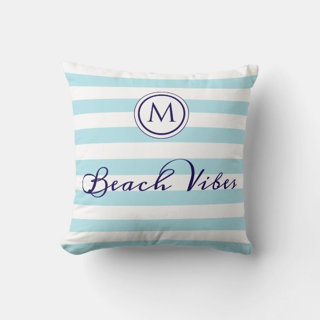 Coussin Vibes de plage Monogramme rayé bleu clair blanc (Recto)