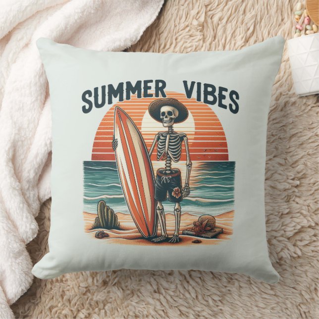 Coussin Vibes d'été Skeleton Surfer Sunset Beach Design (Couverture)