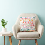 Coussin Vibes positives Motif WordArt Multicolor en blanc<br><div class="desc">Vibes positives colorées à afficher dans votre maison avec ce motif WordArt dans des couleurs multicolores de rouge,  jaune,  orange,  turquoise et violet avec des citations encourageantes,  Croyez,  Choisir la joie,  Penser Heureux,  Rêver Gros,  Rester Positif,  Aimez-vous et Soyez vous,  sur un arrière - plan blanc.</div>