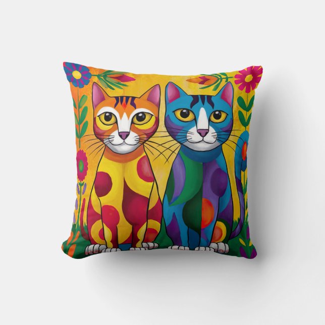 Coussin Vibrant Cat Duo - Artistic Floral (Recto)
