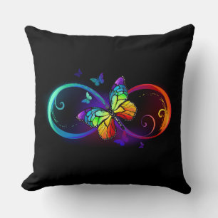 Coussin Vibrant infinity with rainbow butterfly on black