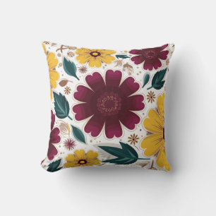 Coussin Vibrant jaune et bourgogne floral
