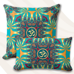 Coussin Vibrant sarcelle or tribal batik Om mandala carré