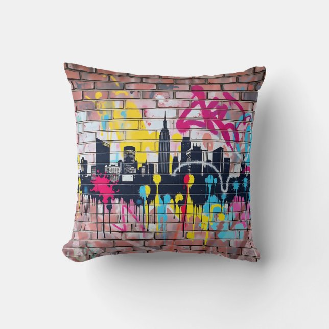 Coussin Vibrant Spray Peint City Skyline" (Recto)