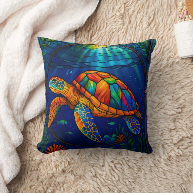Coussin Vibrant Stained Glass Sea Turtle Ocean Design (Couverture)