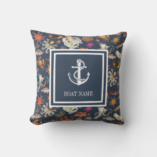 Coussin Vie marine Bleu marine Ancre nautique Nom du batea