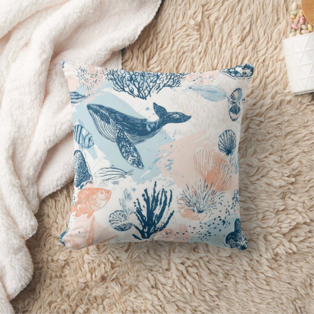 Coussin Vie marine de baleine côtière Corail Bleu Pêche (1 (Couverture)