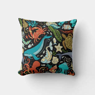 Coussin Vie marine sauvage : vintage colorée.