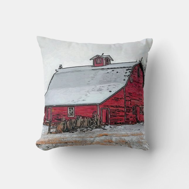 Coussin Vieille Grange Rouge En Neige (Recto)
