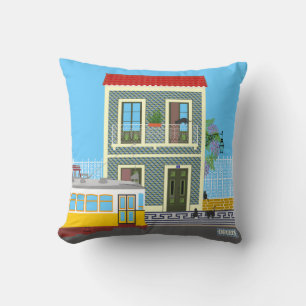 Coussin Vieille maison de Lisbonne avec chats et tramway j