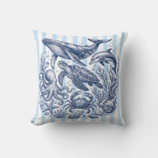 Coussin Vieille vie océanique rayure bleue marine