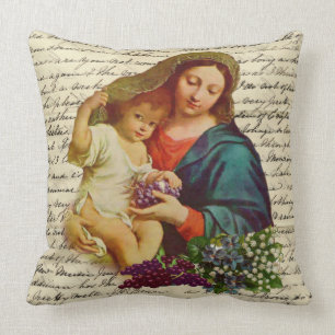 Coussin Vierge Marie béni avec Jésus tenant des raisins